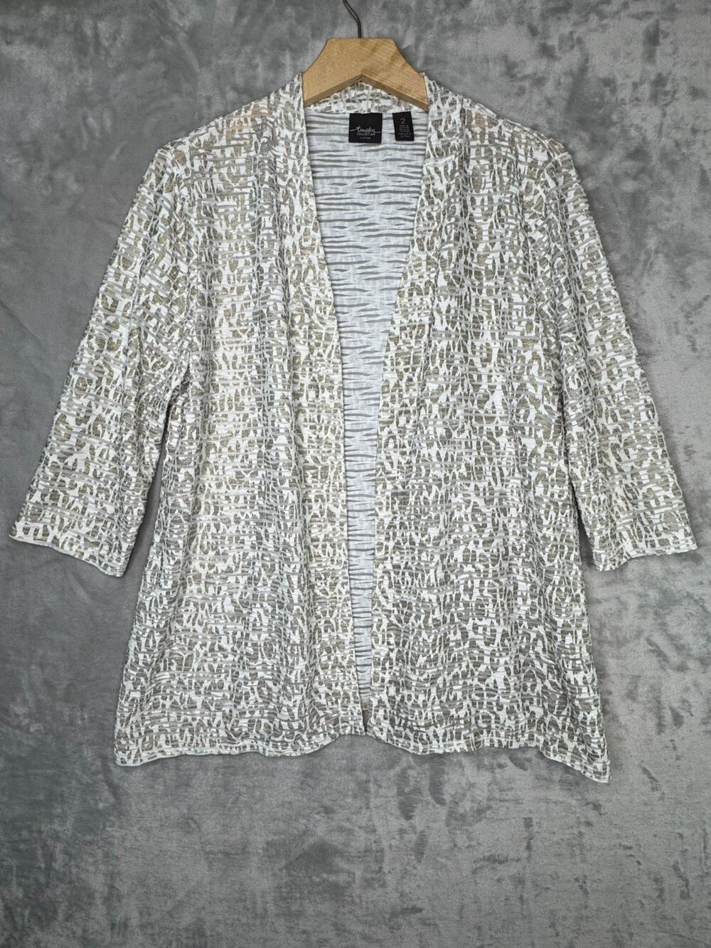 Chicos Travelers Topper Cardigan Womens Large White Gold Mesh Cut Out 3/4 Sleeve